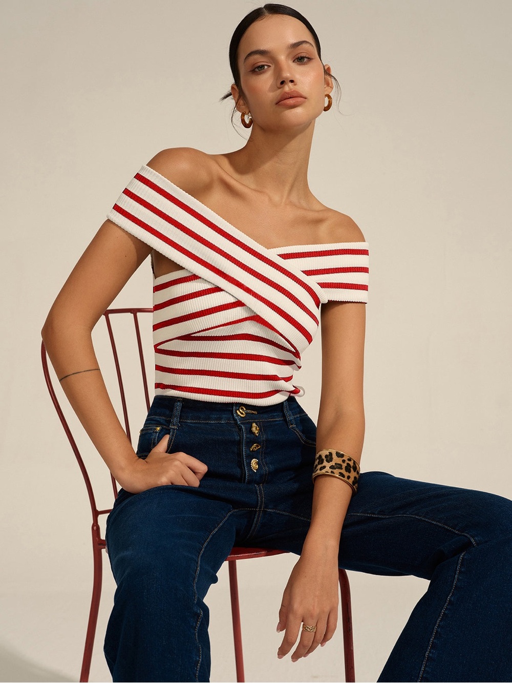 Commense Red and White Striped Off-Shoulder Tank Top